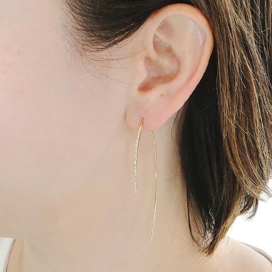 18金 K18 YG ダイヤモンド ピアス 0.32ct  イエローゴールド シンプル ロングピアス フック プレゼント 4月 誕生石 CAE-0073の画像