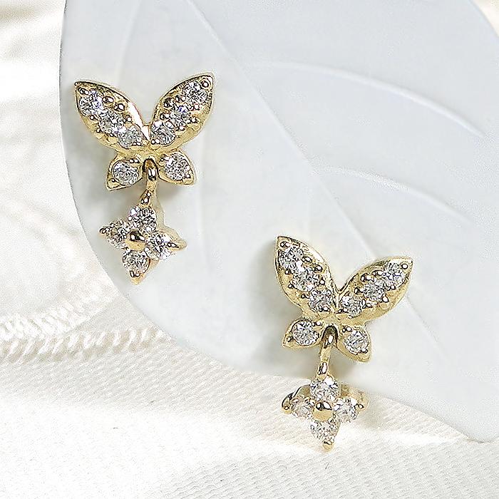 K18LG バタフライ ダイアモンド ピアス 0.14ct  K18 18金 レモンゴールド ゴールド スタッド パピヨン 蝶 蝶々 Butterfly フラワー 花 揺れる CAE-0086の画像