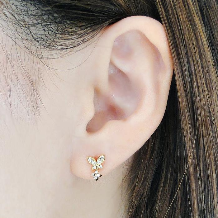 K18LG バタフライ ダイアモンド ピアス 0.14ct  K18 18金 レモンゴールド ゴールド スタッド パピヨン 蝶 蝶々 Butterfly フラワー 花 揺れる CAE-0086の画像