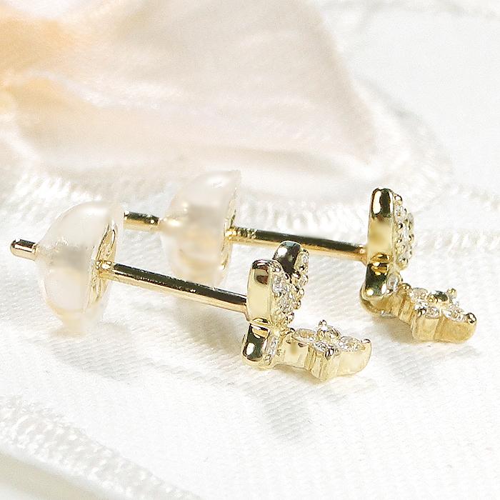 K18LG バタフライ ダイアモンド ピアス 0.14ct  K18 18金 レモンゴールド ゴールド スタッド パピヨン 蝶 蝶々 Butterfly フラワー 花 揺れる CAE-0086の画像