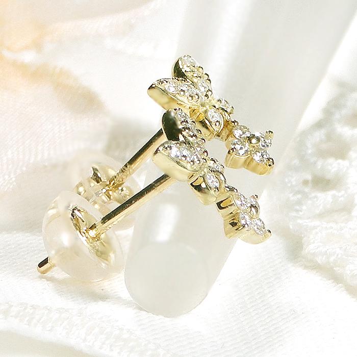 K18LG バタフライ ダイアモンド ピアス 0.14ct  K18 18金 レモンゴールド ゴールド スタッド パピヨン 蝶 蝶々 Butterfly フラワー 花 揺れる CAE-0086の画像
