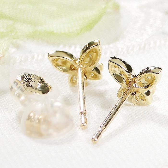 K18LG バタフライ ダイアモンド ピアス 0.14ct  K18 18金 レモンゴールド ゴールド スタッド パピヨン 蝶 蝶々 Butterfly フラワー 花 揺れる CAE-0086の画像