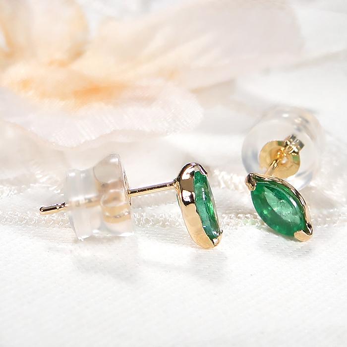 K18YG エメラルド ピアス  カラーストーン マーキスカット 楕円 縦長 スタッドピアス 18金 18k エメラルドピアス ゴールドピアス 色石 緑 CAE-0089の画像