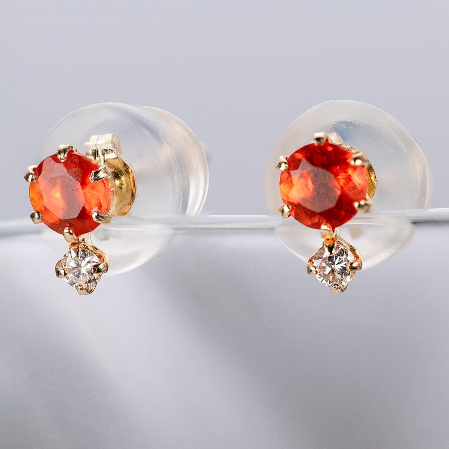 K18 ピアス オパール メキシコ ファイヤー ダイヤ 18金 オレンジ 両耳