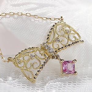 18金ネックレス レディース リボン ペンダント ネックレス サファイア ダイヤモンド CAN-0077の画像