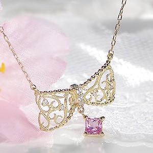 18金ネックレス レディース リボン ペンダント ネックレス サファイア ダイヤモンド CAN-0077の画像