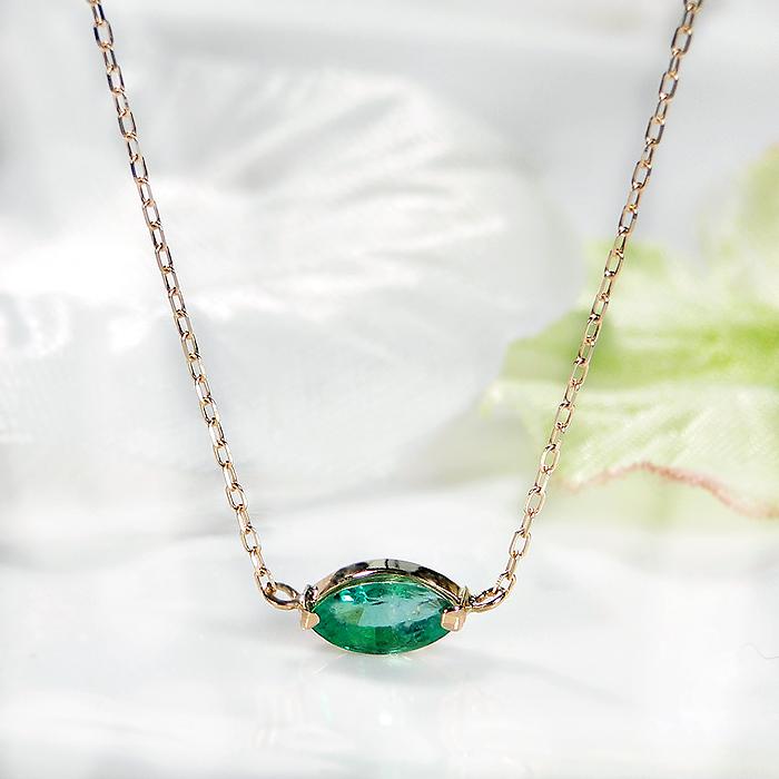 K18YG エメラルド ネックレス  K18 18金 ゴールド 色石 緑 5月 誕生石 人気 定番 カラーストーン マーキスカット 楕円 人気 定番 シンプル CAN-0138の画像