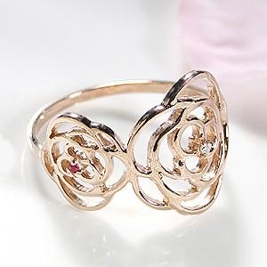 K18 Pg ゴールド 指輪 リング ダイヤモンド ダイヤ カラーストーン ルビー フラワー 薔薇 ローズ 花 Car 0105kp 激安価格の