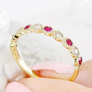ルビー 指輪 18金 ダイヤモンド エタニティリング プレゼント ミル打ち 7月 誕生石の画像