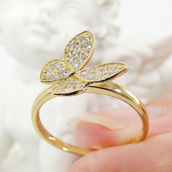 バタフライ リング ダイヤモンド 18金 プラチナ 蝶 レモンゴールド