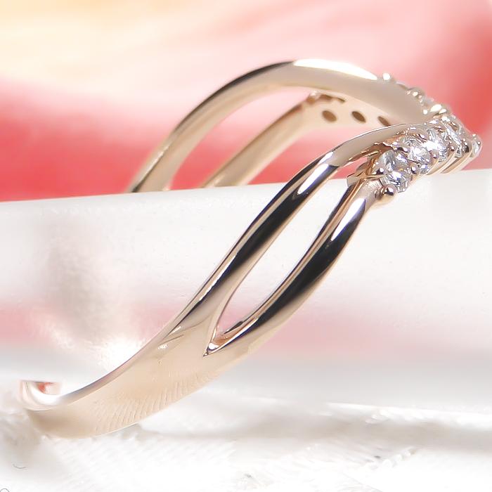 K18PG フチあり V字 ダイヤモンド リング 0.18ct  K18 18金 ゴールド 指輪 ダイヤ エタニティ レディース ダイア ダイアモンド 重ね着け 結婚 CAR-0369の画像