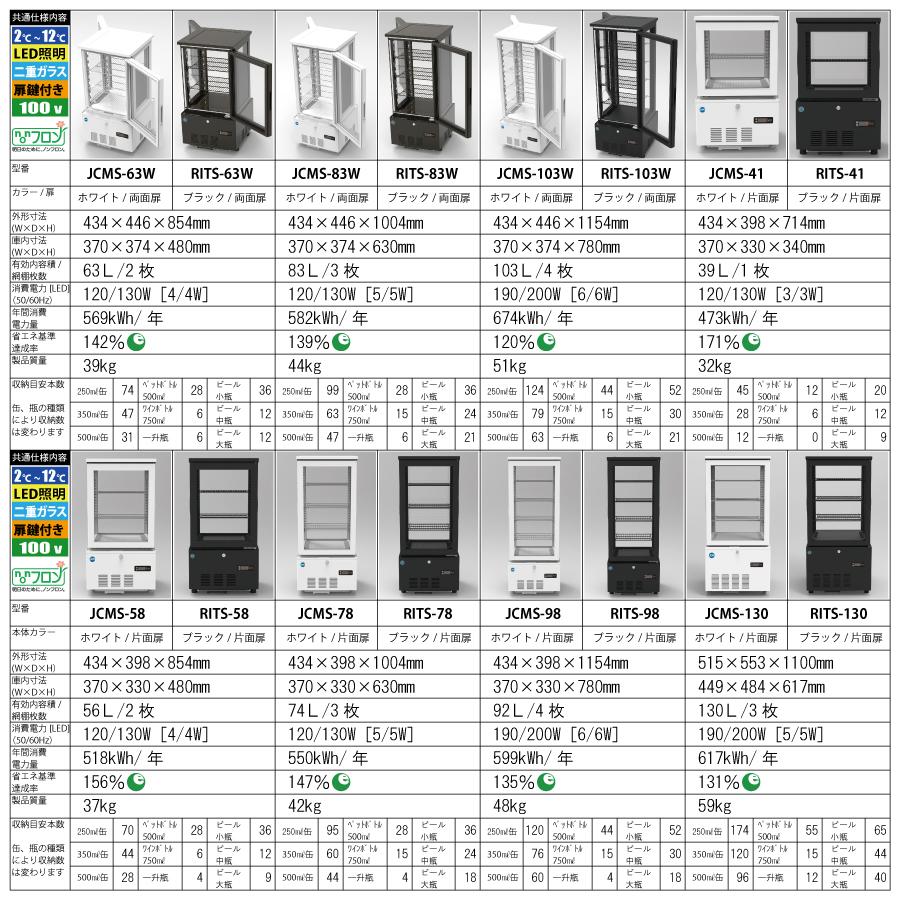 ★創業記念！期間限定キャンペーン★RIT JCM 4面ガラス冷蔵ショーケース RITS-58 片面扉 業務用冷蔵庫 保冷庫 業務用 おしゃれ かっこいい｜jcm｜05