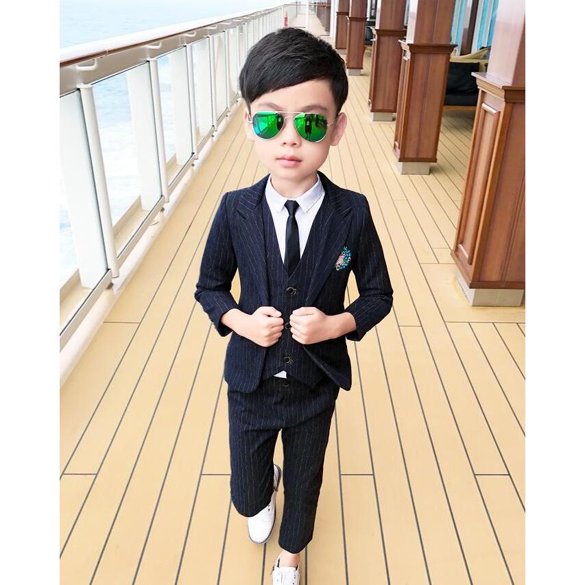 上品 オシャレ 3点セット ストライプ柄 春夏秋 男の子 子供スーツ 人気カラーの フォーマル 結婚式100 150 発表会 卒業式 長パンツ ベスト ジャケット 紳士服 入学式 七五三