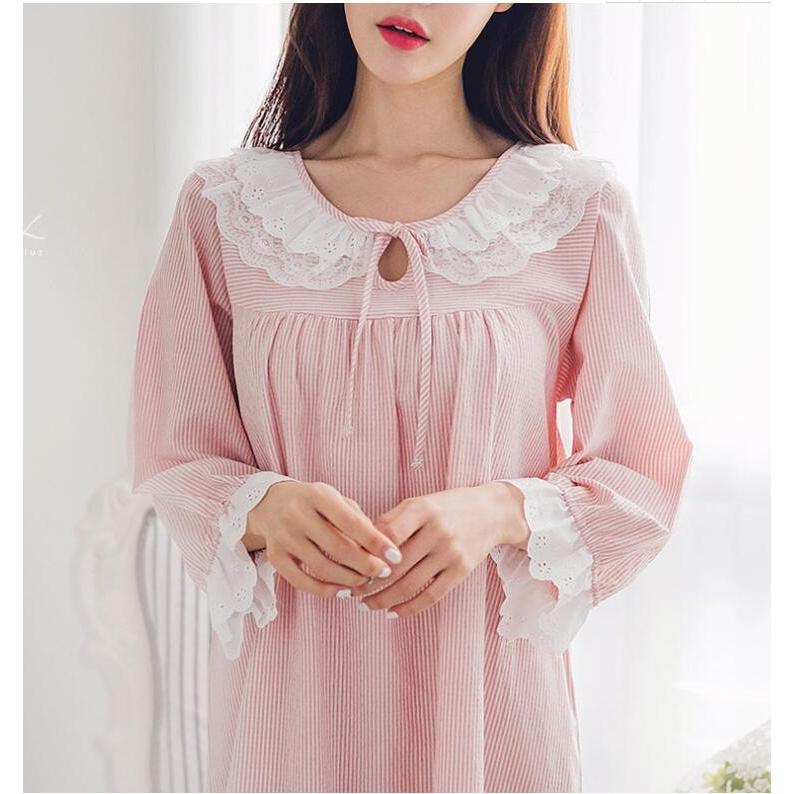 ネグリジェ パジャマワンピース ストライプ ピンク ルームウェア レディース レース 可愛い 女性 春夏 秋前開き 綿 部屋着 長袖 韓国風 お試し価格 レディース