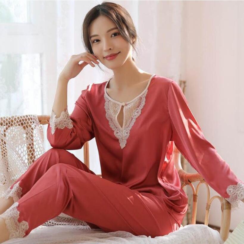 寝間着 部屋着 体型カバー 韓国風 可愛い 春夏 長袖 ルームウェア 寝巻き 2点セット シルクパジャマ 薄手 レース ロングパンツ Midbu3swkr ファッション Escalierco Com