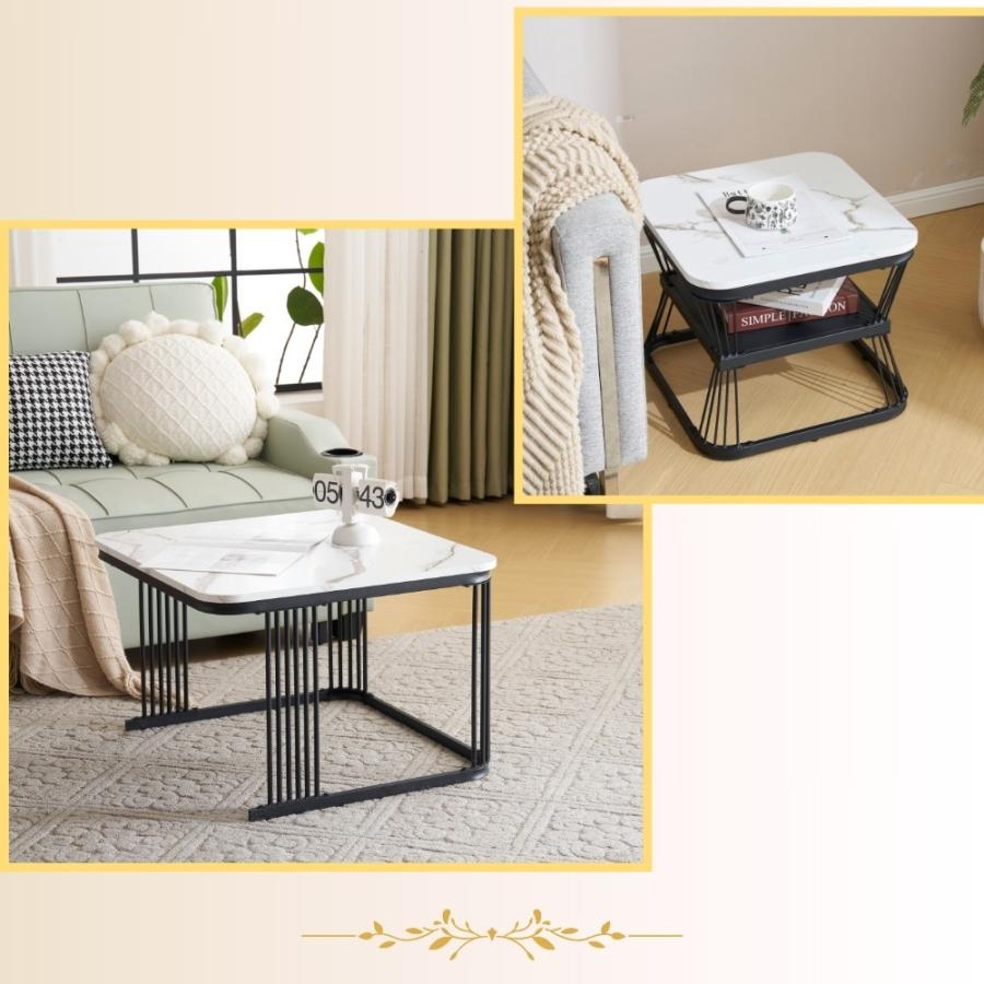 センターテーブルローテーブル大理石調 波紋収納付おしゃれ入れ子式 【ブラック脚】 新作登場】センターテーブル テーブル ローテーブル 大理石調