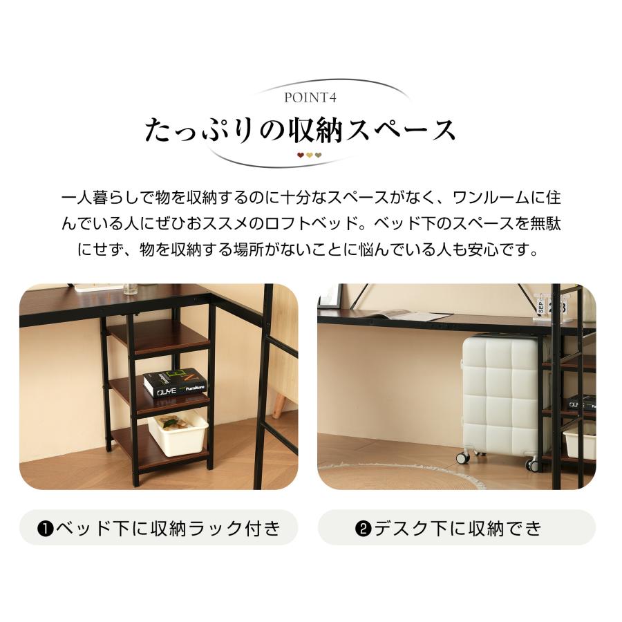 ロフトベッド パイプベッド シングル デスク付き 収納棚 ハシゴ