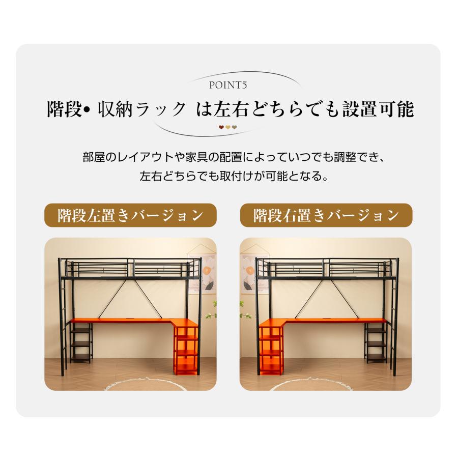 ロフトベッド パイプベッド シングル デスク付き 収納棚 ハシゴ