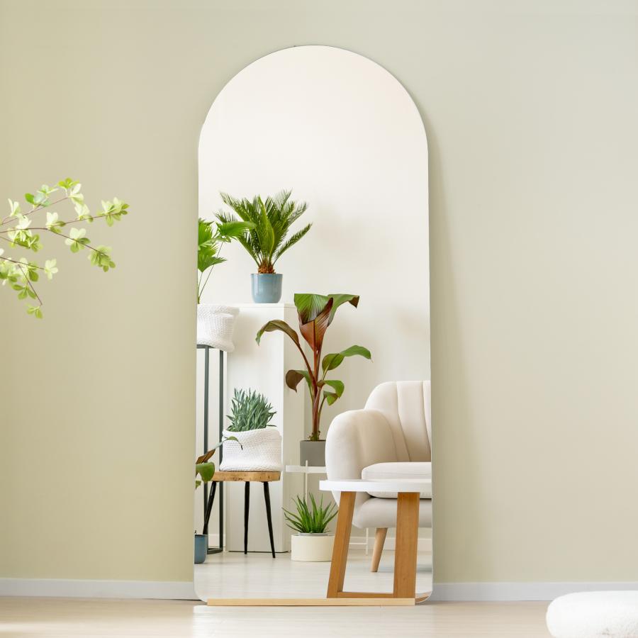 飛散防止 鏡 ノンフレーム 木製台あり おしゃれ アーチタイプ 姿見