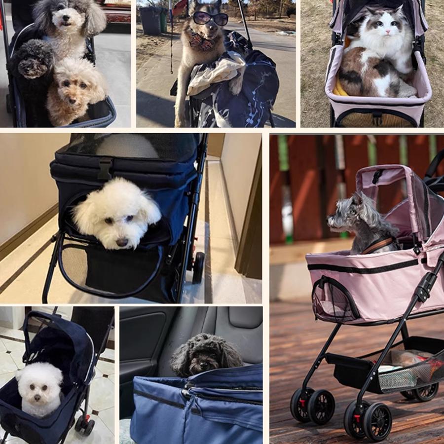 ペットカート 折り畳み 4輪 ストッパー付き 通気性抜群 小物入れ