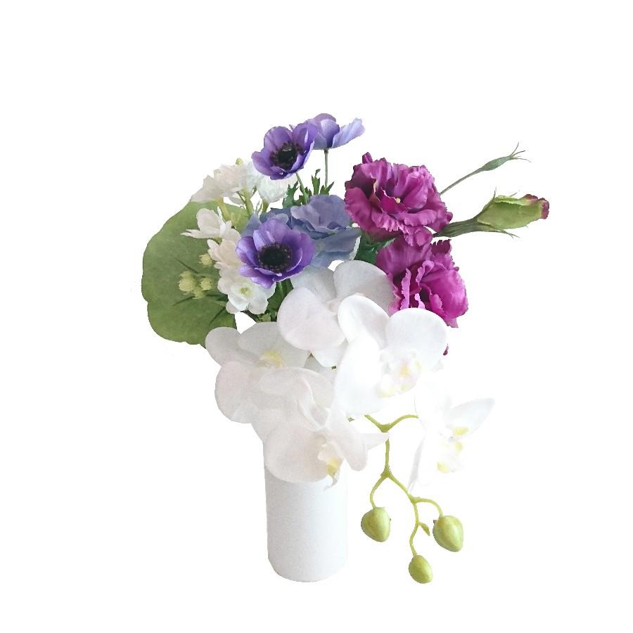造花の仏花（Ｍ大きさ）パープル系 コチョウラン・トルコ桔梗他【造花】【仏花】【付き添い人】【仏壇】 造花、アートフラワー-花、ガーデニング-スタンド花