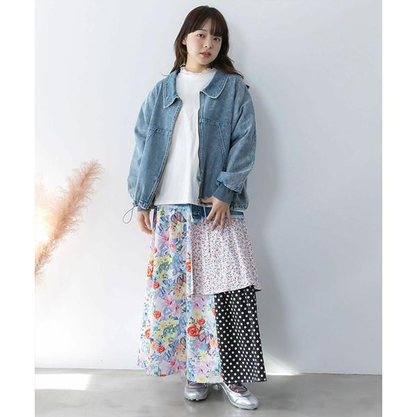 大人気❤ ScoLar スカラー リメイク風 異素材切替フレアスカート　デニム スカラーリメイク風 異素材切替デニムスカート[品番：SRSW0000368
