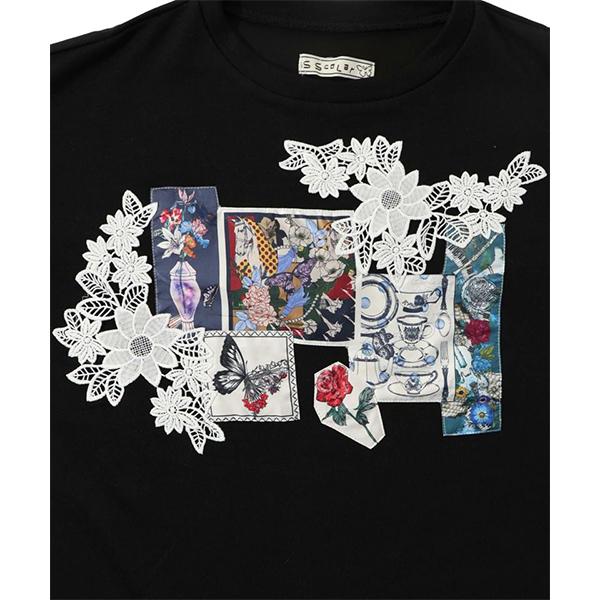 iS ScoLar - iS ScoLar コラージュ柄アップリケ刺繍 切替裏毛プルオーバー ScoLar（スカラー） iS ScoLar イズスカラー レディース コラージュ柄