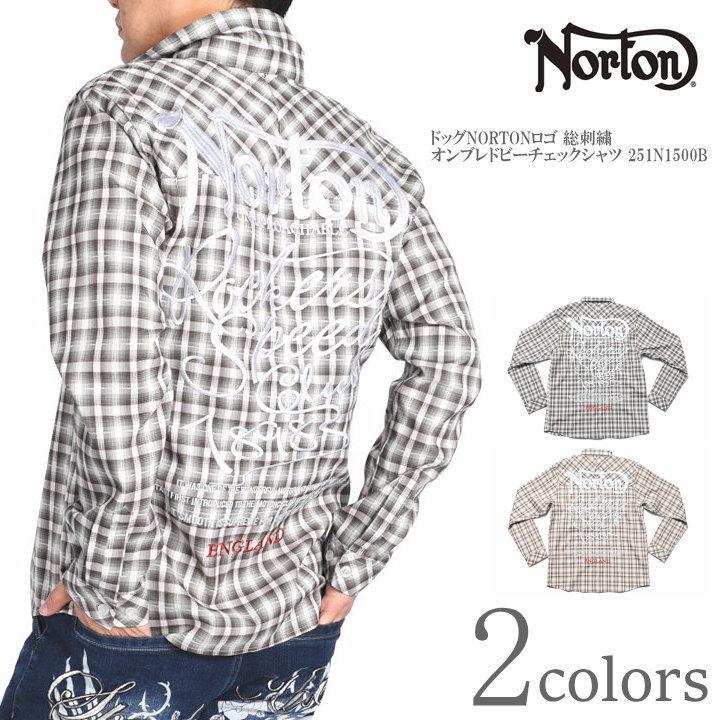 ノートン（NORTON） 長袖シャツ ドッグNORTONロゴ 総刺繍 オンブレ