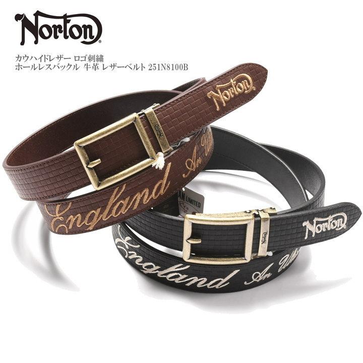 ノートン（NORTON） ベルト カウハイドレザー ロゴ刺繍 ホールレス