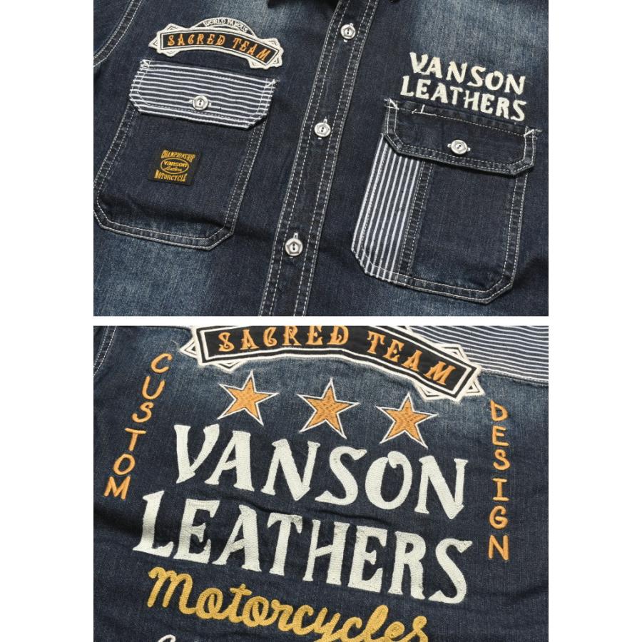 [希少]VANSON ⭐️⭐️⭐️トリプルスター　ロゴ総刺繍デニムシャツLサイズ VANSON（バンソン） 半袖シャツ トリプルスター VANSON LEATHERS ロゴ