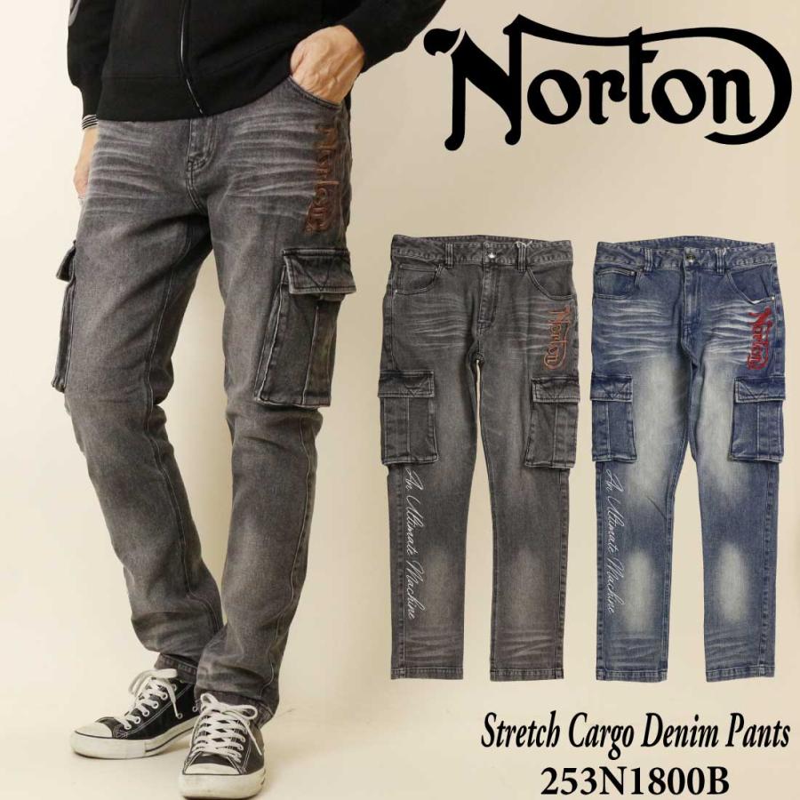 Norton ノートン 服 カーゴパンツ 253N1800B ストレッチ カーゴ デニムパンツ ロゴ 刺繍 メンズ アメカジ バイカー ノートン（NORTON） 服 カーゴパンツ 253N1800B ストレッチ カーゴ