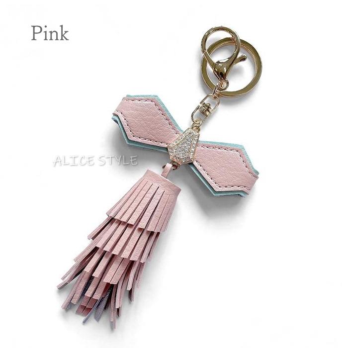 リボンビジュー レザー装飾 タッセル キーホルダー リング バッグ