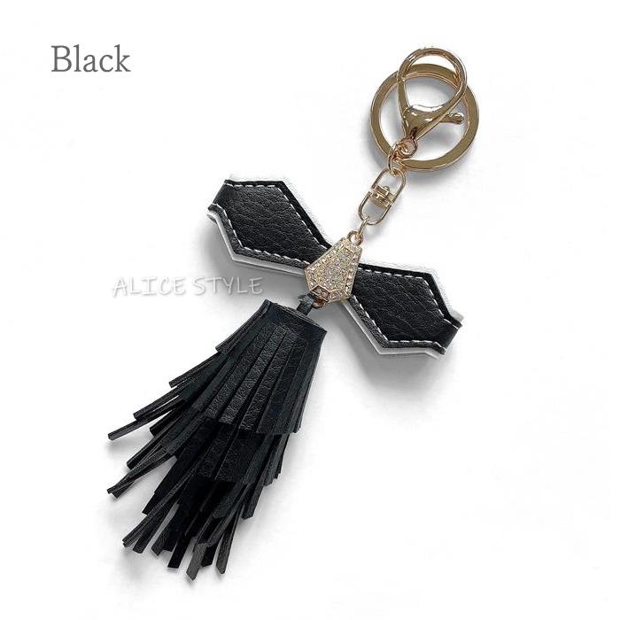 リボンビジュー レザー装飾 タッセル キーホルダー リング バッグ