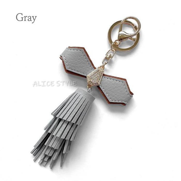 リボンビジュー レザー装飾 タッセル キーホルダー リング バッグ