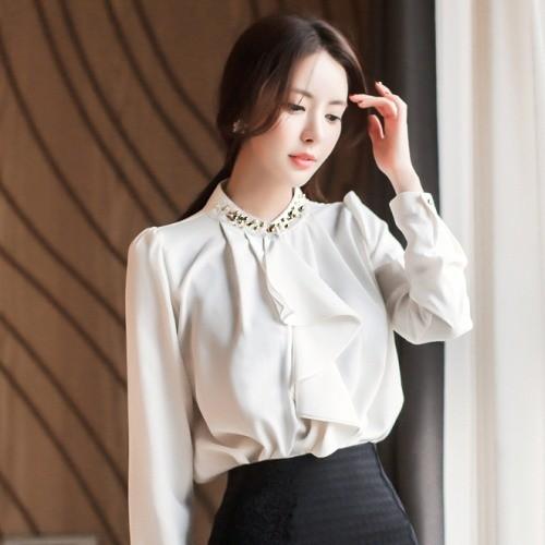 シャツ レディース ブラウス ビジューネック フリルデザイン 長袖 パフスリーブ 40代 50代 ファッション 18 春夏 新作 Es 3401 Jennie Alice 通販 Yahoo ショッピング