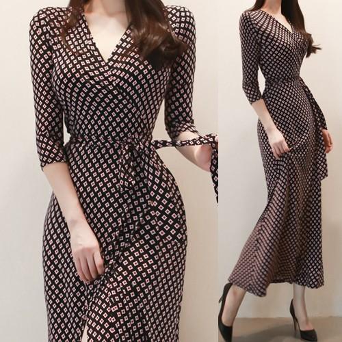 カシュクールワンピース レディース 上品 ロング丈 幾何学模様 7分袖 30代 40代 ファッション セクシー 高級感 春秋 新作 Es 5404 Jennie Alice 通販 Yahoo ショッピング