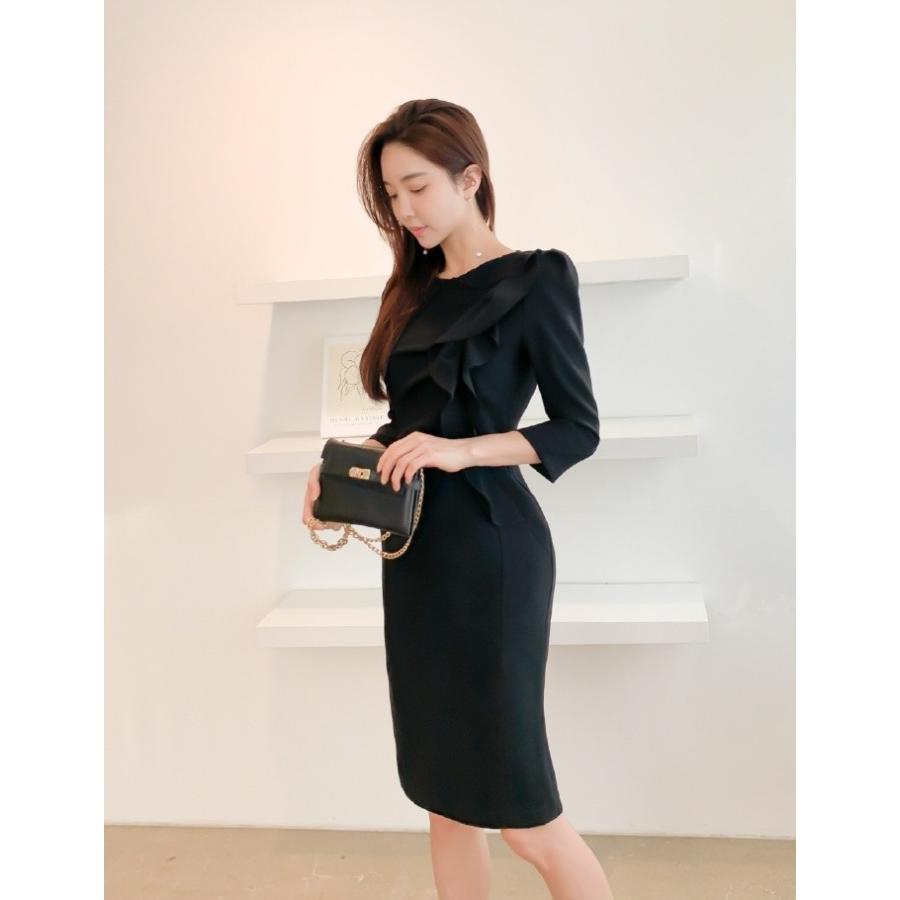 フリルワンピース レディース 上品 横シャーリング パフスリーブ