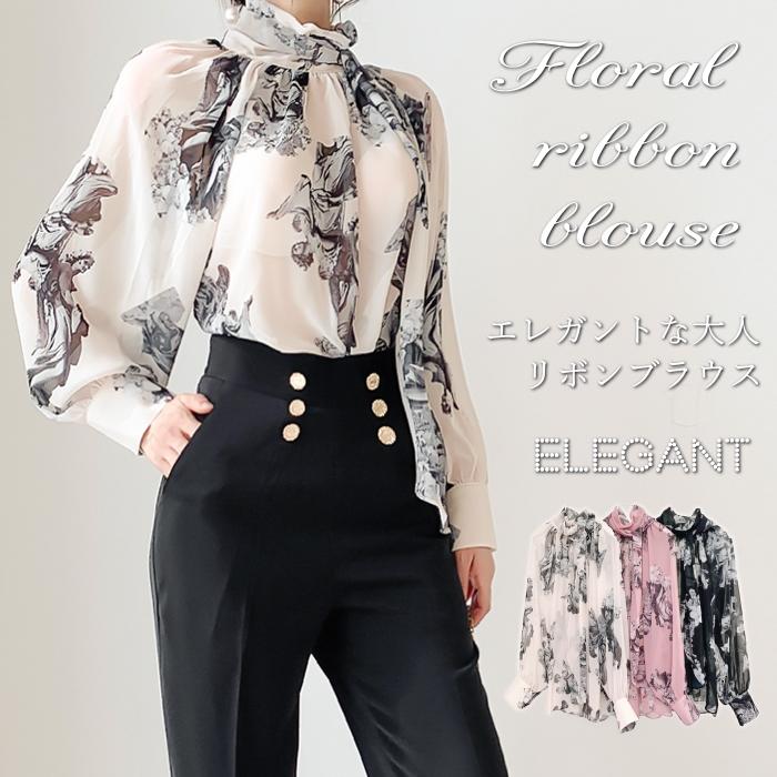 ブラウス レディース 上品 花柄 リボン ボリューム袖 長袖 30代 40代 ファッション セクシー 高級感 春秋物 新作 黒 Es 5978 Jennie Alice 通販 Yahoo ショッピング