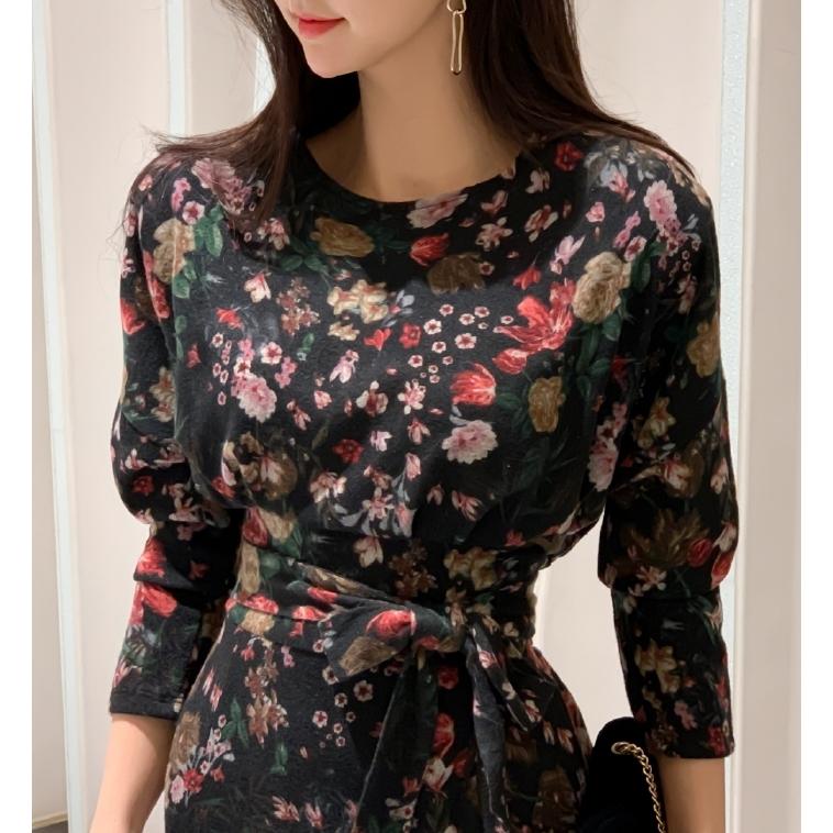 ワンピース レディース 上品 花柄 紐ベルト ラグラン スリット 長袖 30