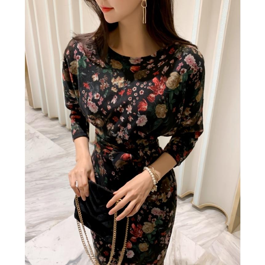 ワンピース レディース 上品 花柄 紐ベルト ラグラン スリット 長袖 30