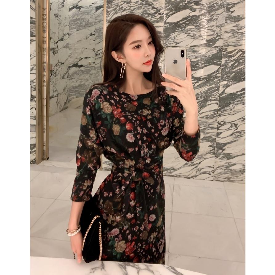 ワンピース レディース 上品 花柄 紐ベルト ラグラン スリット 長袖 30