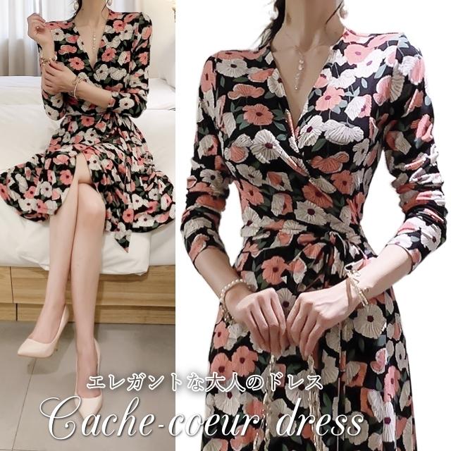 ワンピース レディース 上品 花柄 ラップ 膝丈 カシュクール 長袖 30代 40代 ファッション セクシー 高級感 秋冬物 新作 独特の素材