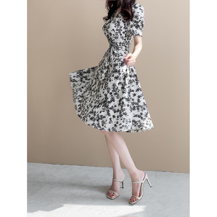 ワンピース レディース 上品 花柄 フレアー カシュクール パフスリーブ