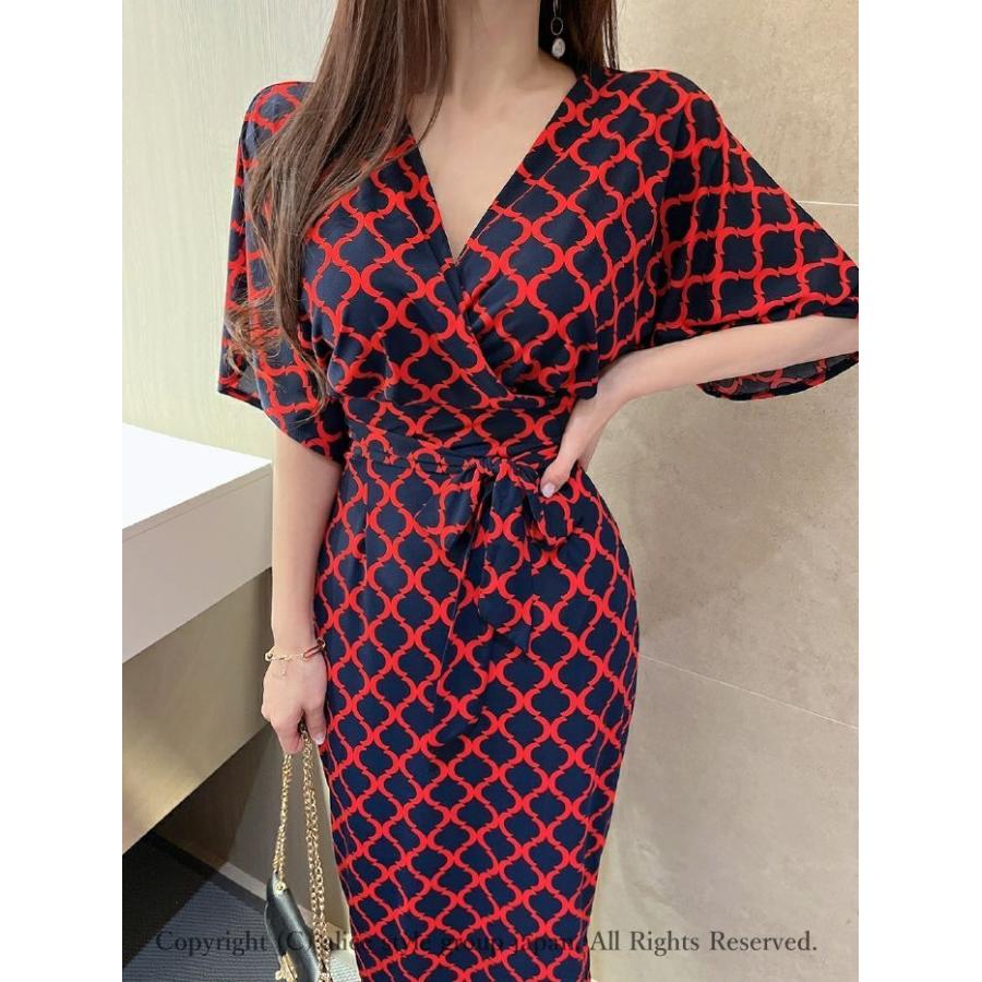 ワンピース レディース 上品 カシュクール パターン柄 五分袖 タイト