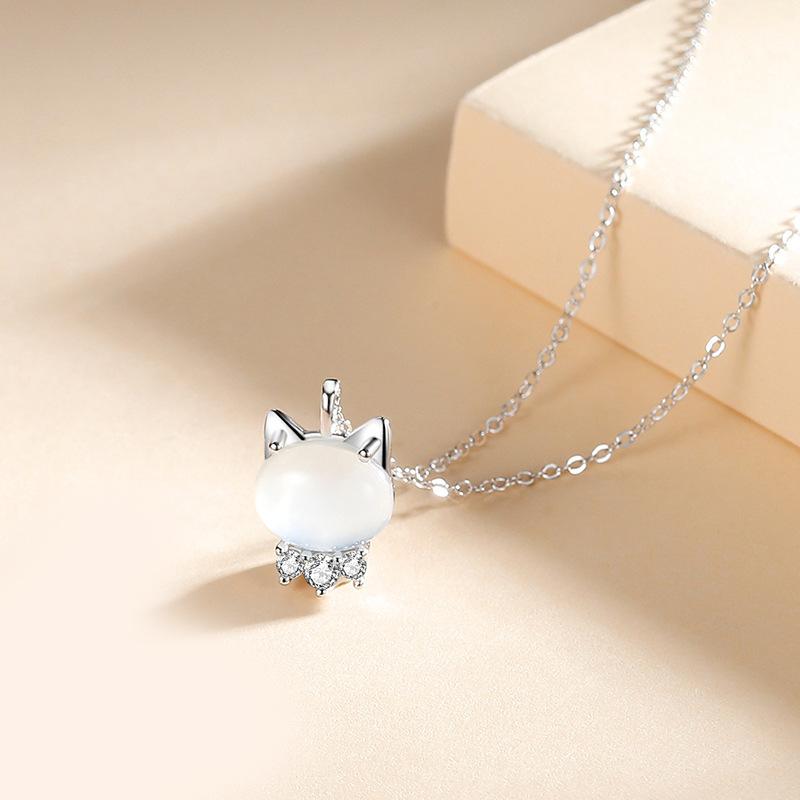 ネックレス レディース シルバー925 白玉髄 ネコねこちゃん