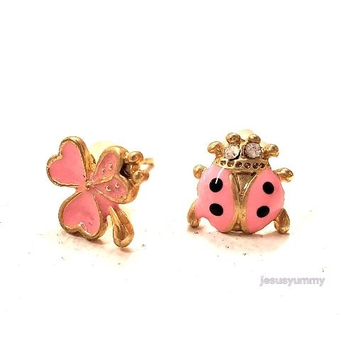タイ輸入】 ピアス てんとう虫 クローバー モチーフ ピンク キラキラ 