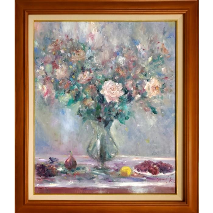 薔薇　Ｆ4 油彩画　額縁付き 薔薇F4 油彩画額縁付き