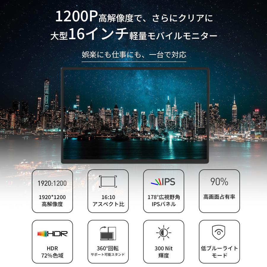 TELETECH 16インチ ポータブルディスプレイ 3倍POINT/デュアルモニター モバイルモニター 16インチ 1920*1080