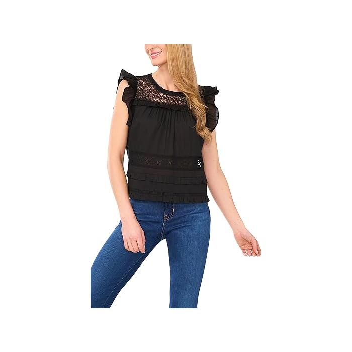 (取寄) シーシー レディース レース インセット ラッフル ディテール トップ CeCe women Lace Inset Ruffle Detail Top Rich Black | cece