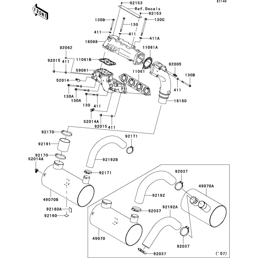 Kawasaki ULTRA250X'07 OEM section (Mufflers) parts Used Kawasaki ULTRA250X'07 OEM section (Mufflers) parts Used